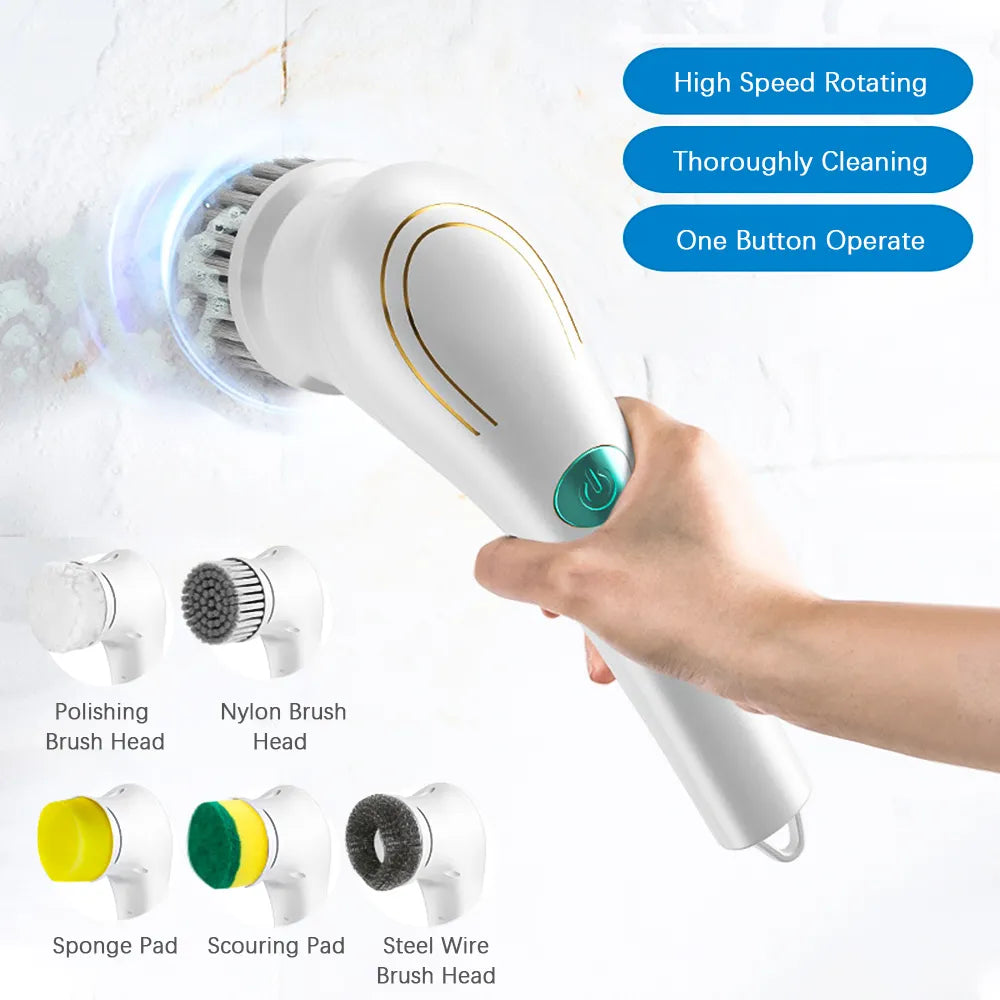 Electric Spin Cleaning Brush with 5 PCS Heads Cordless Portable Scrub Brush Handheld Scrubber Suitable for Bathroom Kitchen Tool